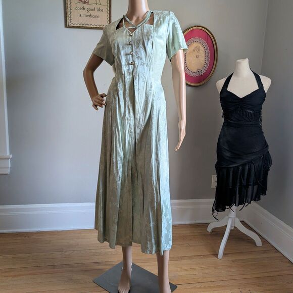 Vintage 90s Sarah Richards Maxi Dress Sage Green Floral Embossed Cottagecore 11 - Picture 12 of 14
